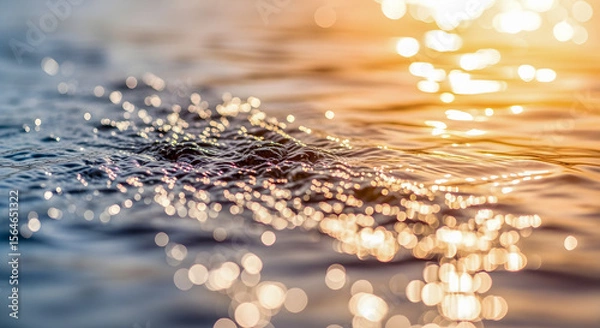 Fototapeta Glistening water surface during sunset with soft bokeh, creating a mesmerizing effect of light playing on the gentle ripples.