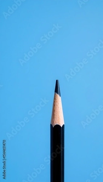 Fototapeta Vertical black pencil with sharp tip on textured blue background. Wood grain contrasts smooth casing. Lighting and focus highlight precision, simplicity, and clean design.

