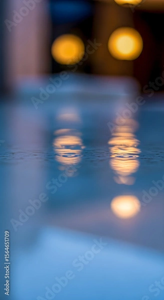 Fototapeta Soft reflections shimmer on a cool surface, creating a serene and calming ambiance with blurred light spots and blue hues.