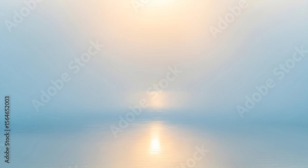 Fototapeta Golden light reflects on calm waters in a serene seascape with soft fog and pastel colors creating a calming ambiance.