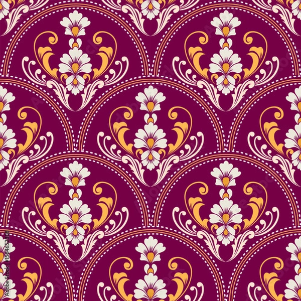 Obraz Seamless purple damask pattern with intricate floral details, perfect for elegant and luxurious designs.