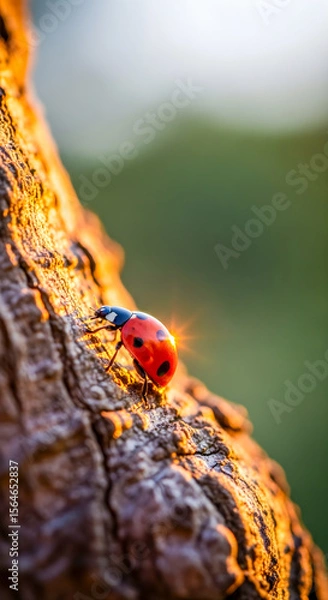 Fototapeta Ladybug rests on textured bark illuminated by warm golden sunlight in a close up nature scene.
