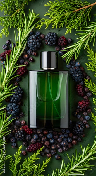 Fototapeta Fragrant green perfume bottle surrounded by fresh rosemary, cedar sprigs, and mixed berries on a green background.
