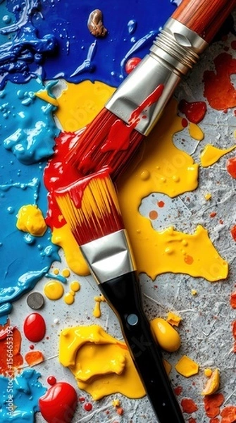 Fototapeta Close-up of textured abstract painting with bold strokes in blue, teal, red, and orange. A paintbrush lies diagonally, stained with color, highlighting vibrant process and texture.

