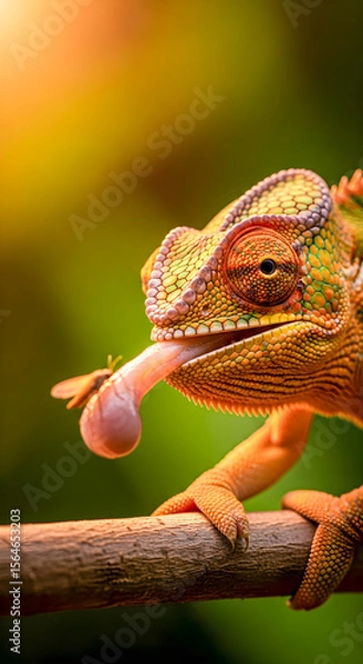 Fototapeta Colorful chameleon enjoying a snack of insect, tongue extended, sitting on a branch, with bright colors in a vibrant jungle.