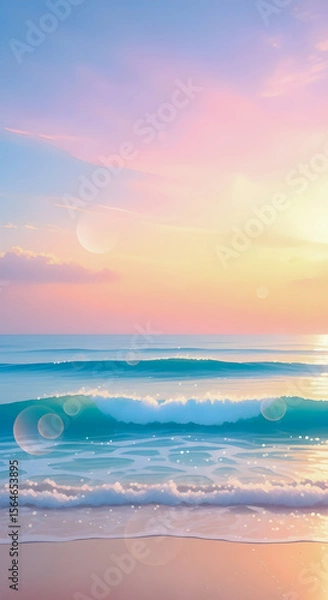 Fototapeta Serene coastal beach vista showing gentle ocean waves and soft sunlight at sunset, evoking peaceful vibes.