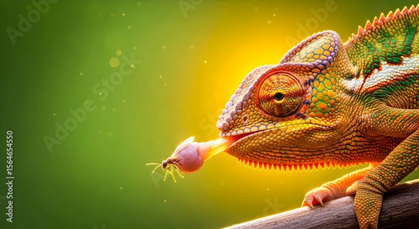 Fototapeta A vibrant chameleon extends its tongue to catch a small insect against a soft green and yellow backdrop.
