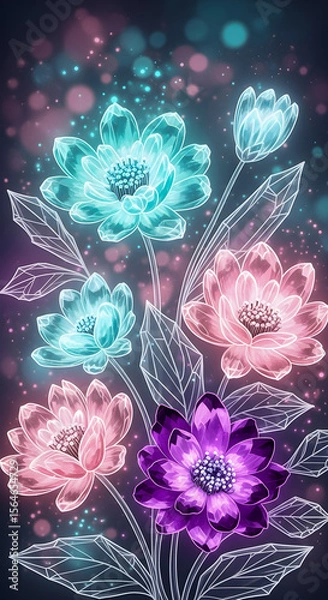 Fototapeta Dazzling digital flowers bloom with vibrant colors and crystal outlines against a softly bokeh background for a striking effect.