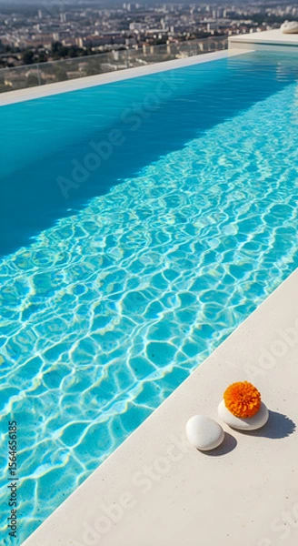 Fototapeta Serene rooftop pool sparkles in sunlight with orange flower and white stones, creating a relaxing vacation vibe.