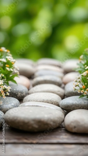 Fototapeta Nature photo of smooth gray and beige stones with white-orange flowers and green foliage. Soft bokeh background and diffused light create a tranquil, balanced composition.

