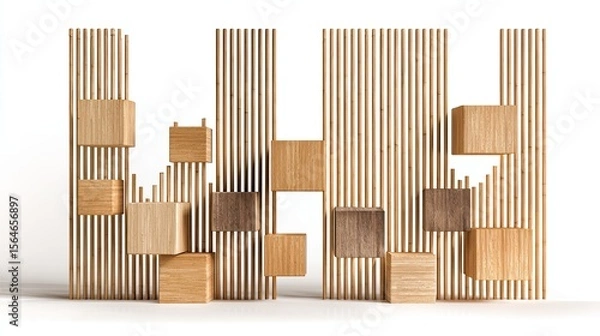 Obraz Modern wooden blocks and striped screen partition in minimalist interior design style