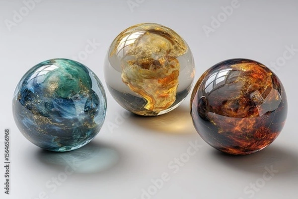 Obraz Three decorative glass spheres filled with mesmerizing abstract color patterns on display