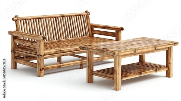 Obraz Elegant bamboo sofa and table set for outdoor relaxation and sustainable living showcasing