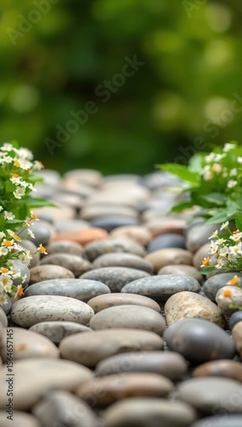Fototapeta Nature photo of smooth gray and beige stones with white-orange flowers and green foliage. Soft bokeh background and diffused light create a tranquil, balanced composition.

