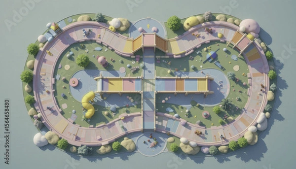 Fototapeta Aerial view of colorful, whimsical playground with winding paths, slides, and play structures surrounded by greenery and trees, creating vibrant and inviting atmosphere