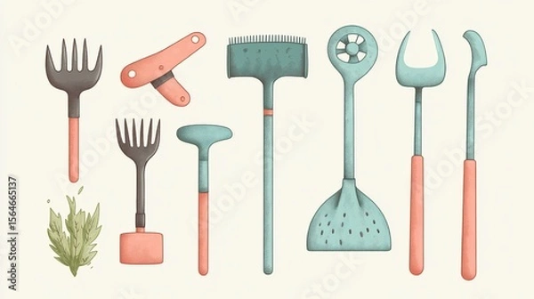 Fototapeta Whimsical depiction of assorted gardening implements in soft pastel tones