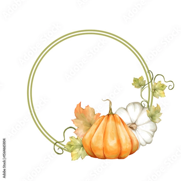 Fototapeta Frame with hand drawn orange and white pumpkins, butternut squash, and autumn leaves