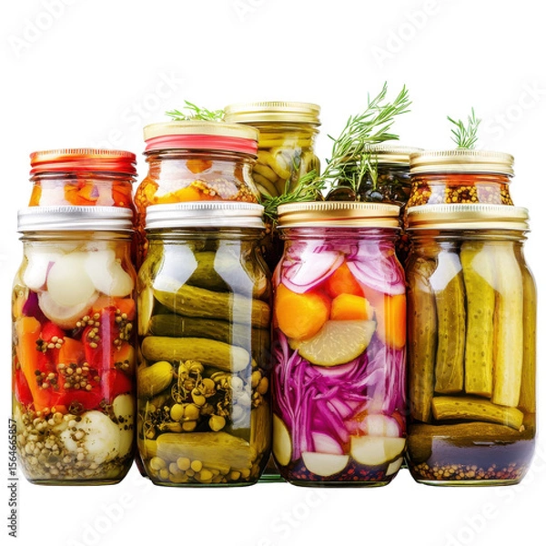 Fototapeta Colorful Assortment of Pickled Vegetables in Jars with Fresh Herbs on a White Background on transparent background