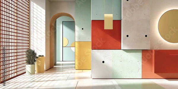 Fototapeta Colorful minimalist room with abstract shapes and sunlight