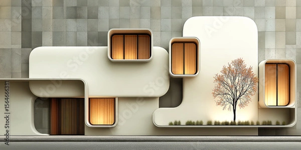 Fototapeta Contemporary building facade with glowing windows and central tree