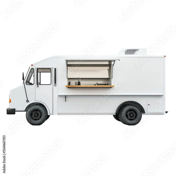 Fototapeta A clean, modern food truck ready for service in a vibrant urban setting, showcasing a welcoming atmosphere for diverse culinary experiences. on transparent background