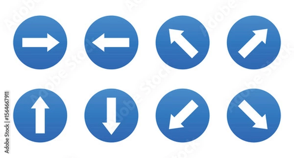 Fototapeta Eight blue round navigation signs with direction arrows pointing different directions including right, left, up, down, and diagonally are displayed on a white background.