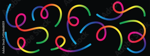 Obraz A playful and abstract pattern featuring multiple rainbow-colored swirls on a stark black background. The design conveys fun, energy, and creativity in its simplicity.