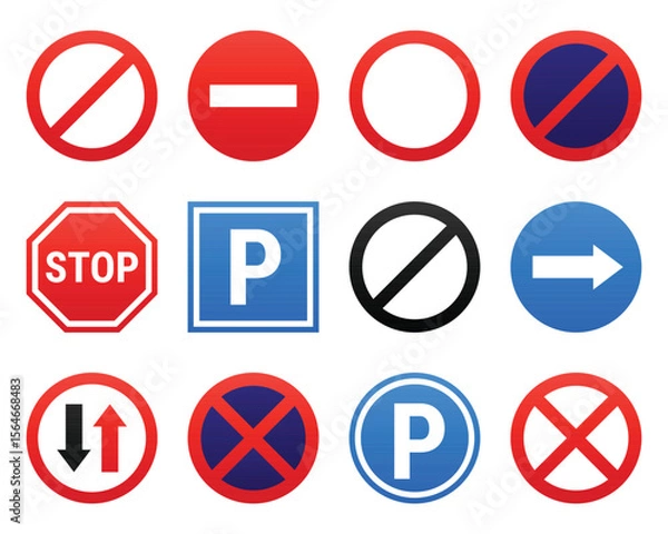 Fototapeta A collection of twelve varied road signs. These regulatory symbols offer instructions for driving and parking, helping to ensure safety, order, and compliance on streets.