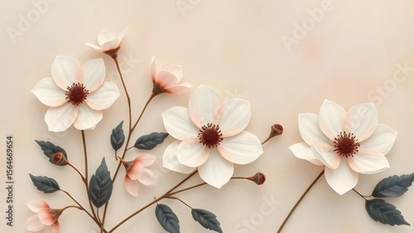 Fototapeta Ethereal white blossoms with dark leaves elegantly arranged on a soft background.