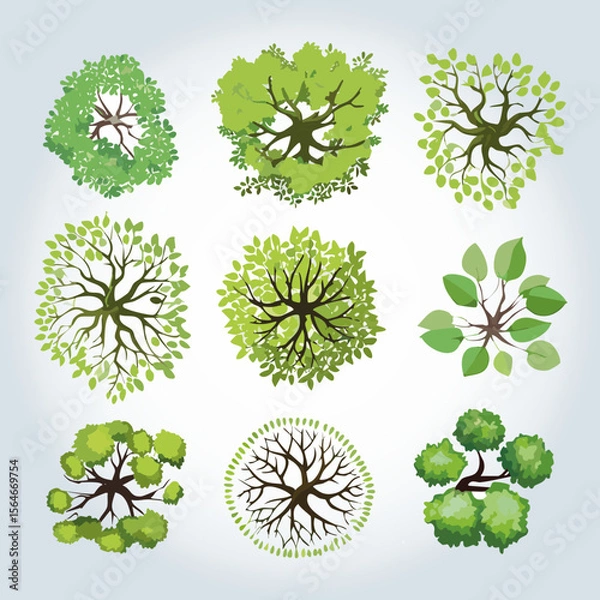 Fototapeta Ensemble de 9 Icônes d'Arbres et d'Arbustes pour Plans de Jardins et Architecture Vus de dessus, Nature et Végétation Couleur Vert Vecteur