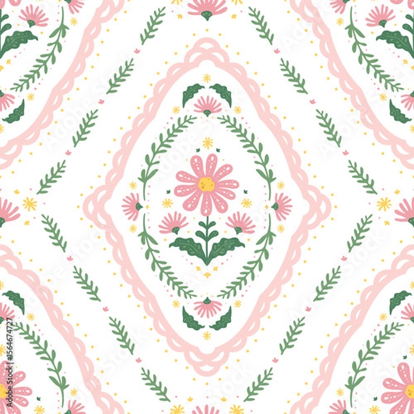 Obraz Vintage art nouveau floral sweet and charming pink cottagecore shabby chic seamless pattern repeatable for print background fabric textile cards backdrop in folk art decorative illustration style