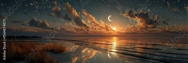 Fototapeta Stunning sunset with crescent moon over calm waters and clouds reflecting evening light in a tranquil landscape