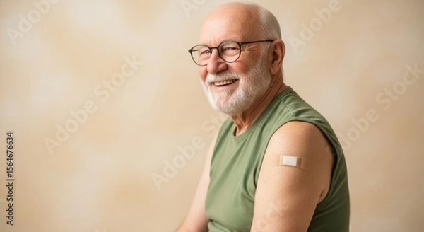 Obraz Elderly man with vaccination bandage on his arm smiling