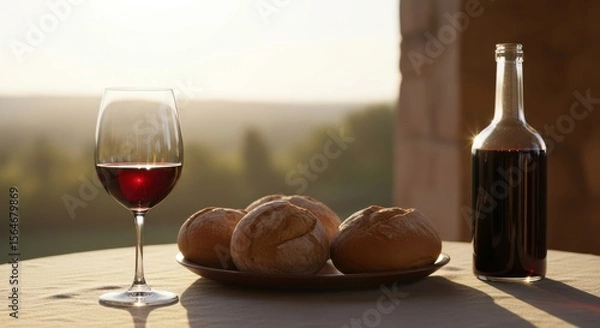 Obraz Glass of Red Wine Bread Rolls and Bottle on Table Outdoors