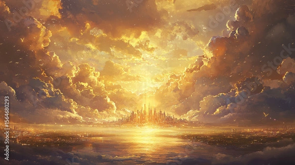 Fototapeta A wide sky above a quiet city, golden light shining through clouds, peaceful and powerful, nature worship scene, symbolic of God's sovereignty 