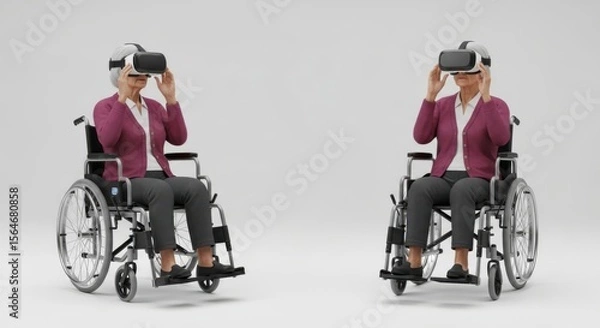 Obraz Elderly people experiencing virtual reality in wheelchairs