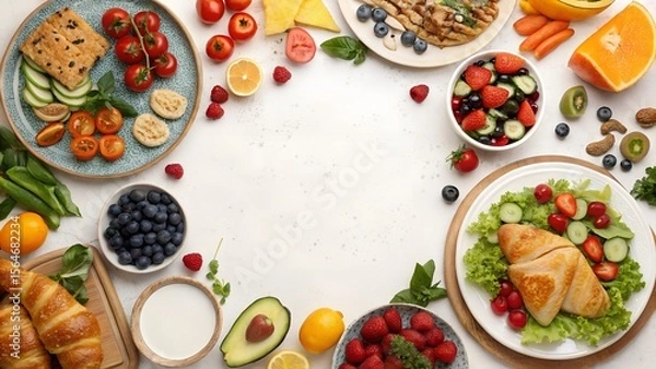 Fototapeta Blank Background Surrounded by Colorful Fruits and Vegetables. White Space for Text.