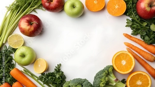 Fototapeta Blank Background Surrounded by Colorful Fruits and Vegetables. White Space for Text.