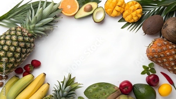 Fototapeta Blank Background Surrounded by Colorful Fruits and Vegetables. White Space for Text.