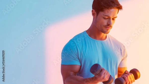 Obraz Gym-style portrait of muscular man lifting weights