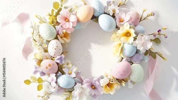 Obraz Elegant spring wreath with Easter eggs, roses, daffodils, and greenery on soft white background