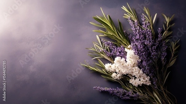 Obraz Lavender bouquet in ceramic jug with pastel eggs on rustic wooden table