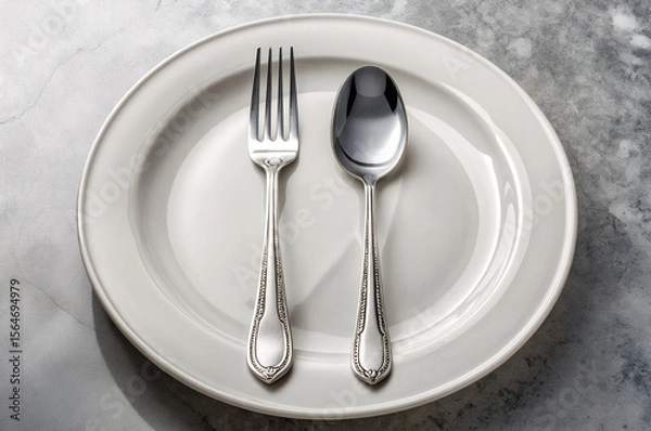 Fototapeta shows a white, oval-shaped plate with a fork and a spoon placed on it, both made of shiny metal with intricate designs along the handles. The plate is on a textured, grey surface.