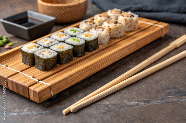 Fototapeta shows a wooden tray with various types of sushi rolls, accompanied by a pair of chopsticks and a small dish of soy sauce. The sushi is neatly arranged, and the background features a dark, textured sur
