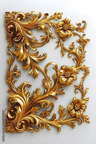 Fototapeta AI Generative. Ornate Golden Baroque Corner Element with Floral Details on White. 5