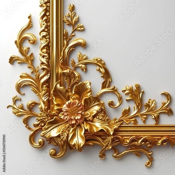 Fototapeta AI Generative. Ornate Golden Baroque Corner Element with Floral Details on White. 6