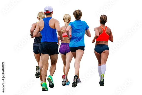 Fototapeta mixed group runners athletes running marathon cut-out figure on transparent background