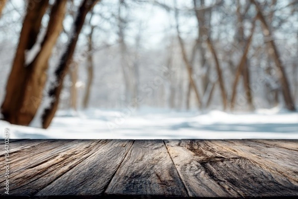 Obraz empty wooden surface in the foreground, winter forest in the background, for product presentation