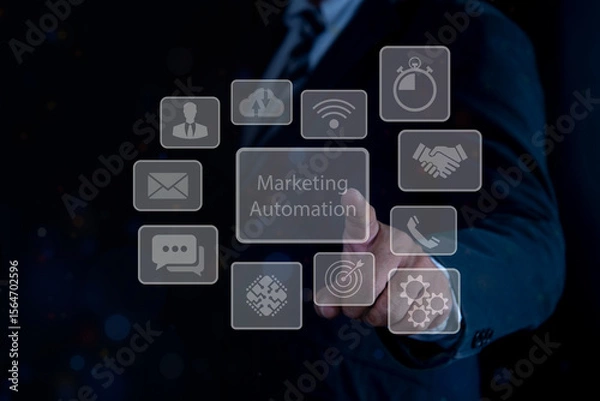 Obraz Businessman shows the word: Marketing automation. Innovative Marketing Automation Solutions. Success Digital System Technology Advertising Social Media And Email Marketing Concept
