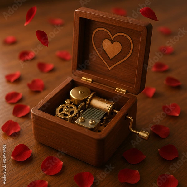 Obraz ハートモチーフの繊細なオルゴールと舞い落ちるバラの花びら｜木の机に広がるときめきの瞬間、ノスタルジックで愛らしい癒しのメロディと静けさ